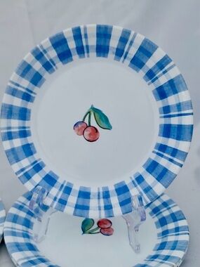Vintage Cherry; Blue  Gingham  Bread Plates- Corelle ~Set of 3 Fruit Mix & Match